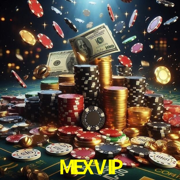 Una escena digital vívida inspirada en casino con MEXVIP mostrado prominentemente, luces brillantes, fichas, cartas y acentos dorados.