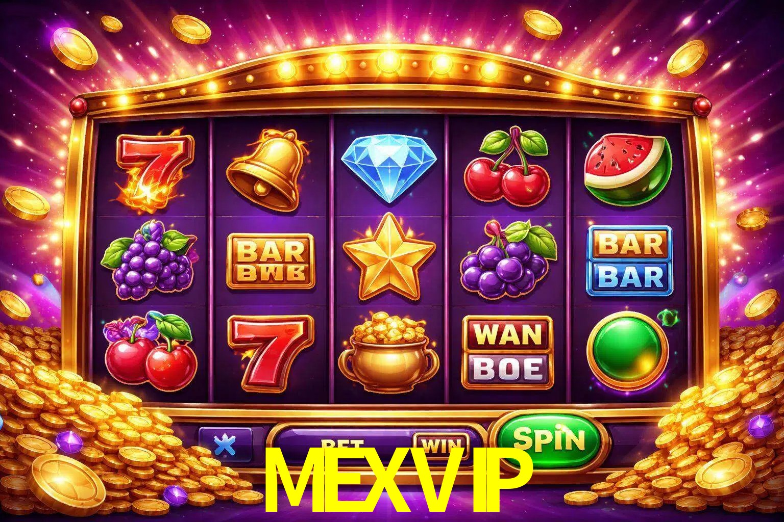 Una interfaz colorida de tragamonedas en línea con símbolos brillantes, monedas y un efecto de victoria celebratoria en MEXVIP.